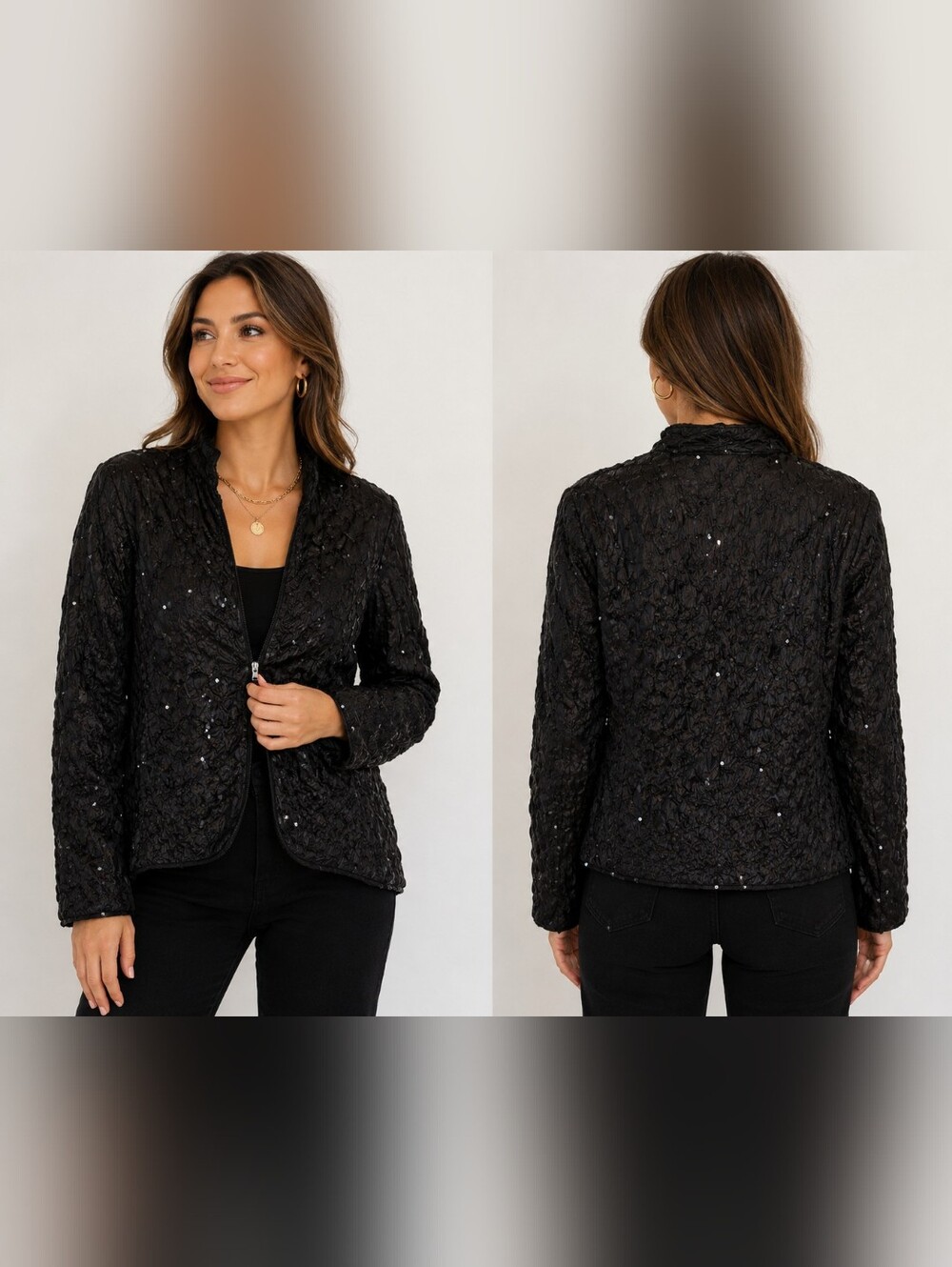 Vintage J.B.S. Ltd Black Sequin Textured Zip Jacket Size M High-Low Hem